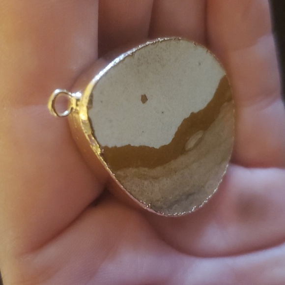 New Gold Wrapped Slice Picture Jasper Teardrop Pendant. - Picture 9 of 9